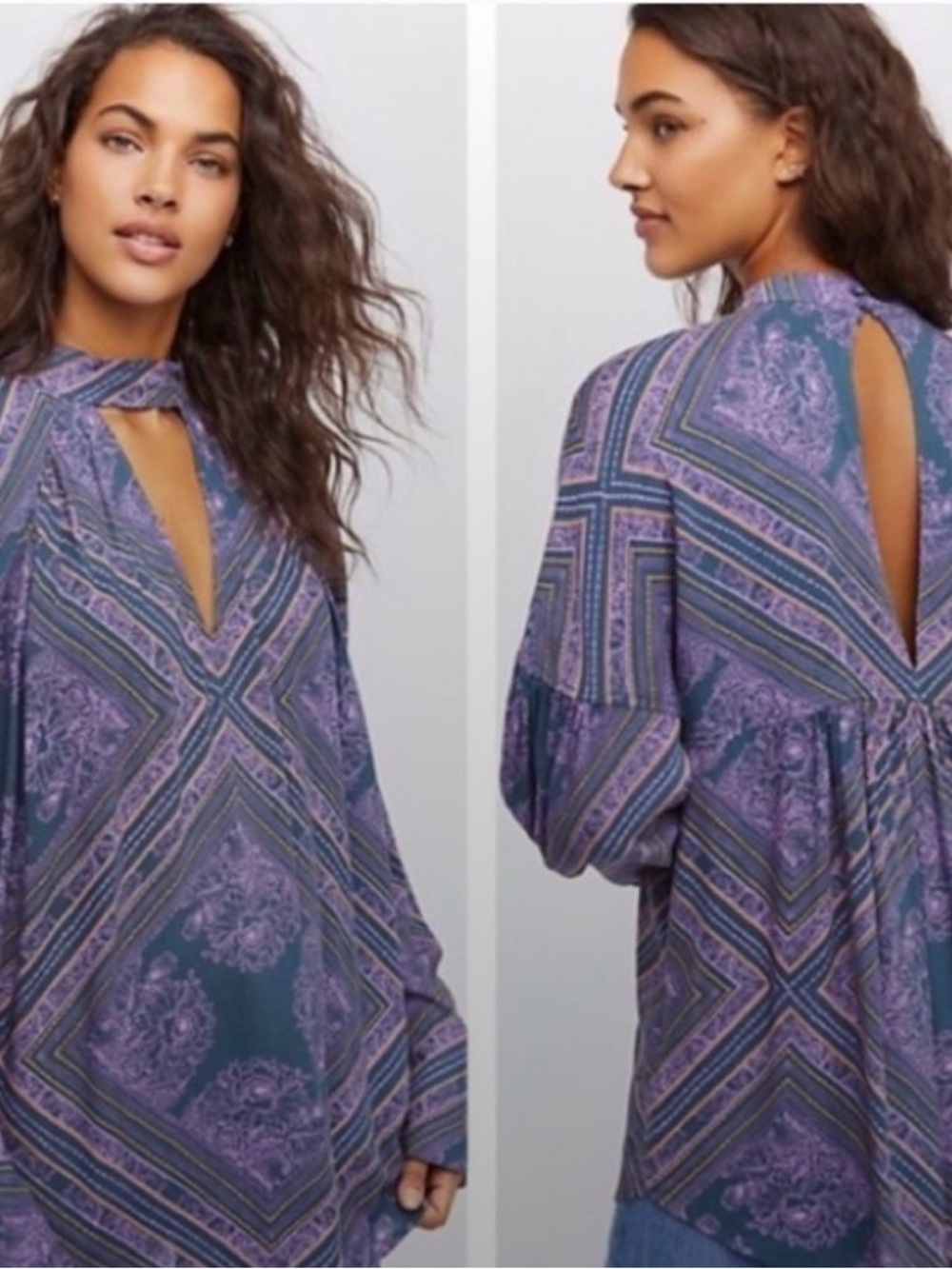 Free Peopleβ Scarf Print Tunic Top Purple Charcoal Boho Open Back V-Neck Medium